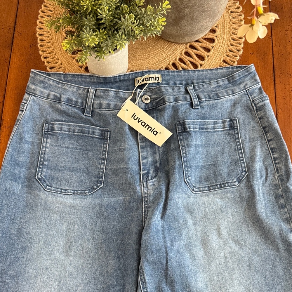 Luvamia Size XL High-Rise Light Blue Wash Jeans Measurements in pics.